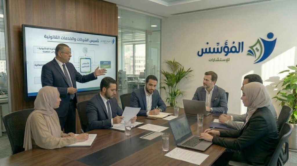 عرض تفاعلي لمخطط تسلسل إجراءات تأسيس شركة زراعية واستصلاح أراضي يشمل حجز الاسم، التوثيق، القيد بالسجل التجاري، وتراخيص الري وتخصيص الأراضي بمقر شركة المؤسس.