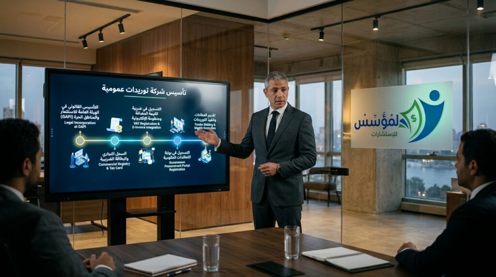 خارطة طريق تأسيس شركة توريدات عمومية في مصر والتسجيل في بوابة المشتريات عبر شركة المؤسس